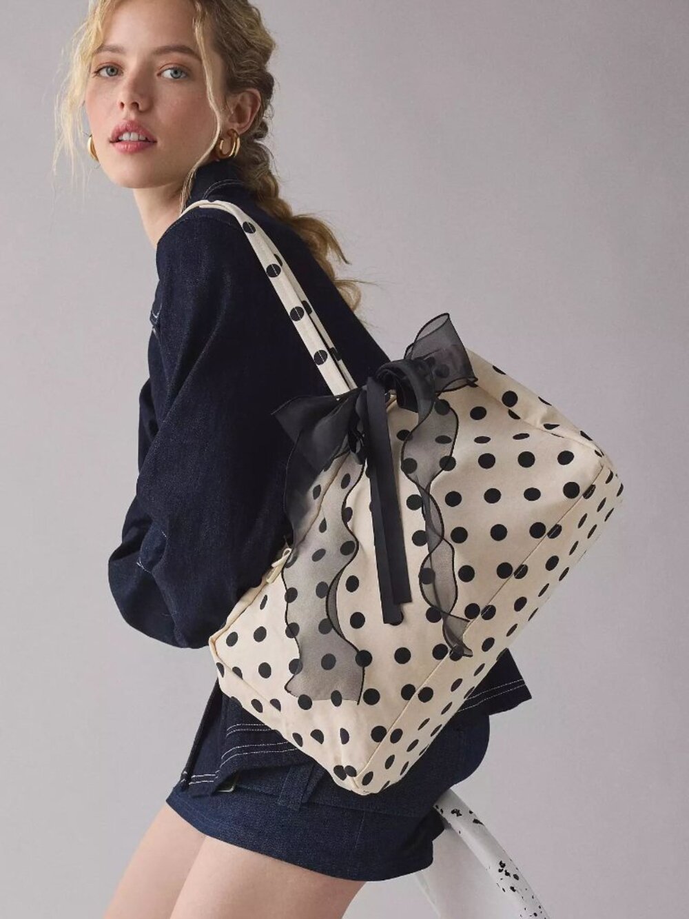 NWT Baggu Medium Nylon Bowler Bag - Cream w/ Black Polka Dot - Picture 5 of 8